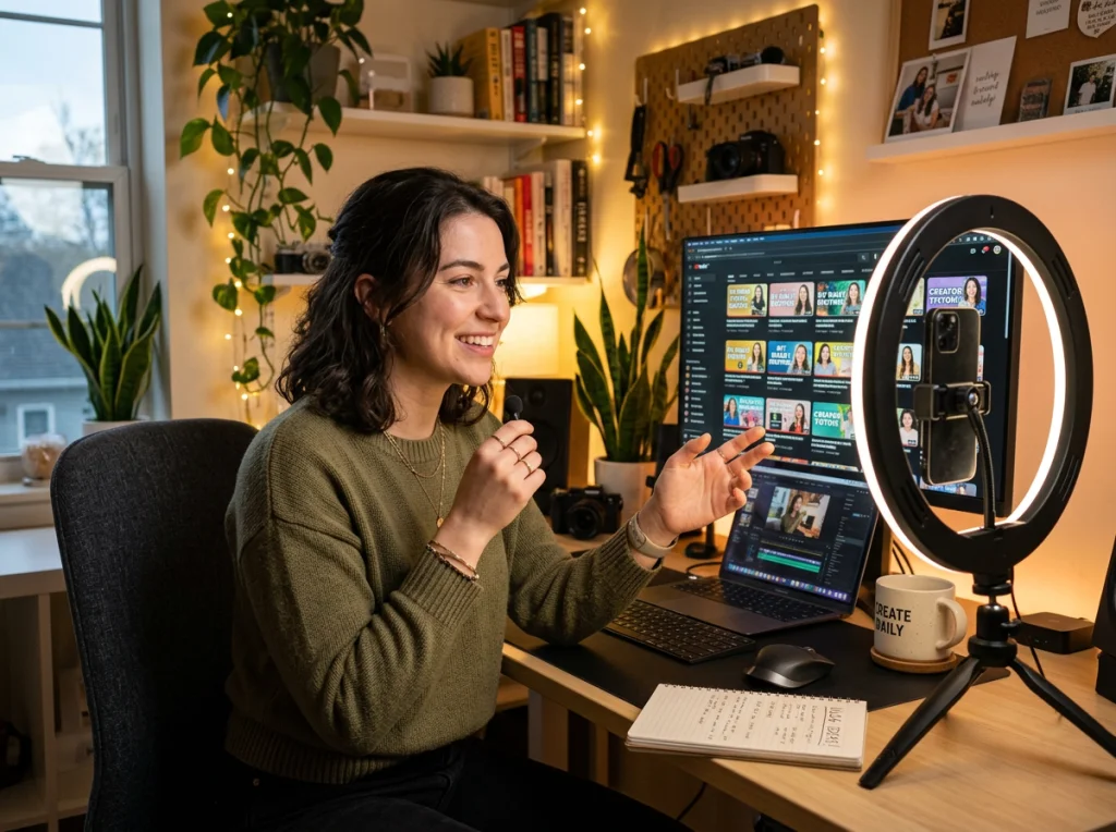 Content creator woman in her late 20s with shoulder-length dark hair, sitting at modern desk with ring light and smartphone, multiple video thumbnails displayed on computer monitor, warm LED lighting, three-quarter angle medium shot, lifestyle photography, creative workspace aesthetic