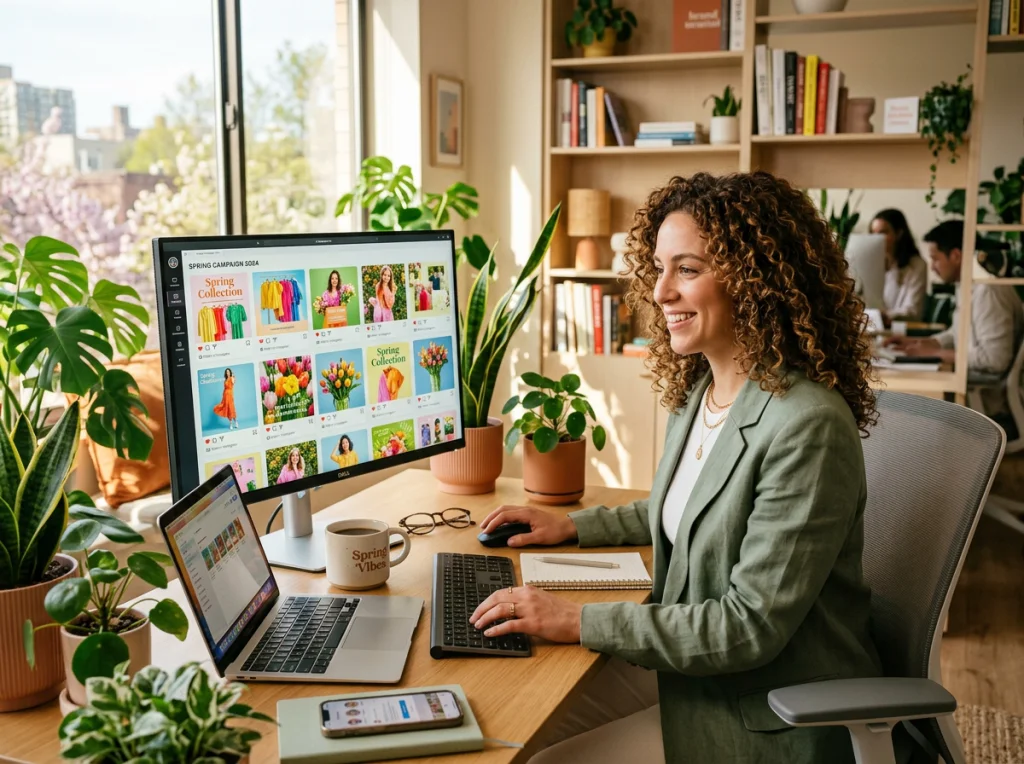 Social media manager in her early 30s with curly brown hair, creating spring campaign posts on a large monitor showing colorful product grids, sitting in a bright modern office with plants, warm afternoon light, eye-level medium shot, lifestyle photography, professional yet approachable