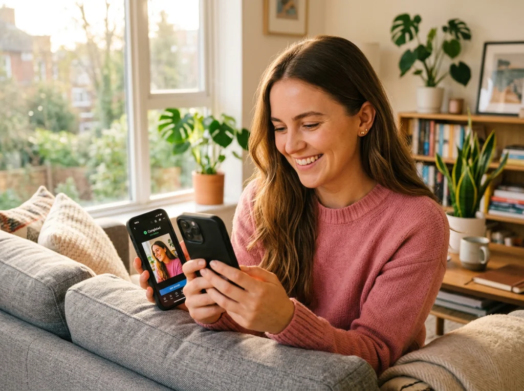 Young woman in her 20s with long brown hair, pink sweater, smiling while looking at smartphone screen showing completed photo edit, sitting on grey couch in bright living room, golden hour light from large window, eye-level close-up, lifestyle photography