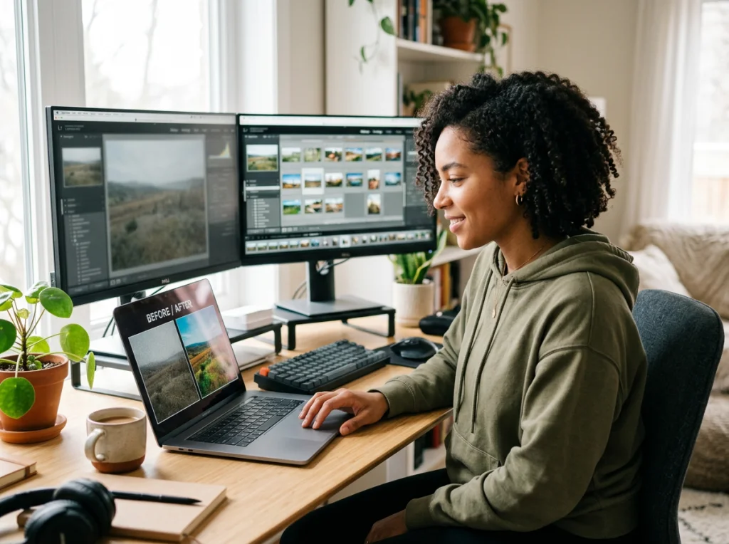 Person in their 20s with curly hair wearing casual clothes, looking at laptop screen showing before/after image comparison, sitting at modern desk with dual monitors, soft natural light from window, medium shot at eye level, lifestyle photography, shallow depth of field