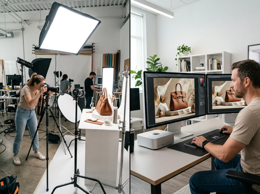 Comparaison en écran partagé montrant un studio de photographie traditionnel à gauche avec équipements coûteux et photos de produits générées par IA à droite, éclairage professionnel lumineux, vue grand angle, photographie commerciale, fort contraste