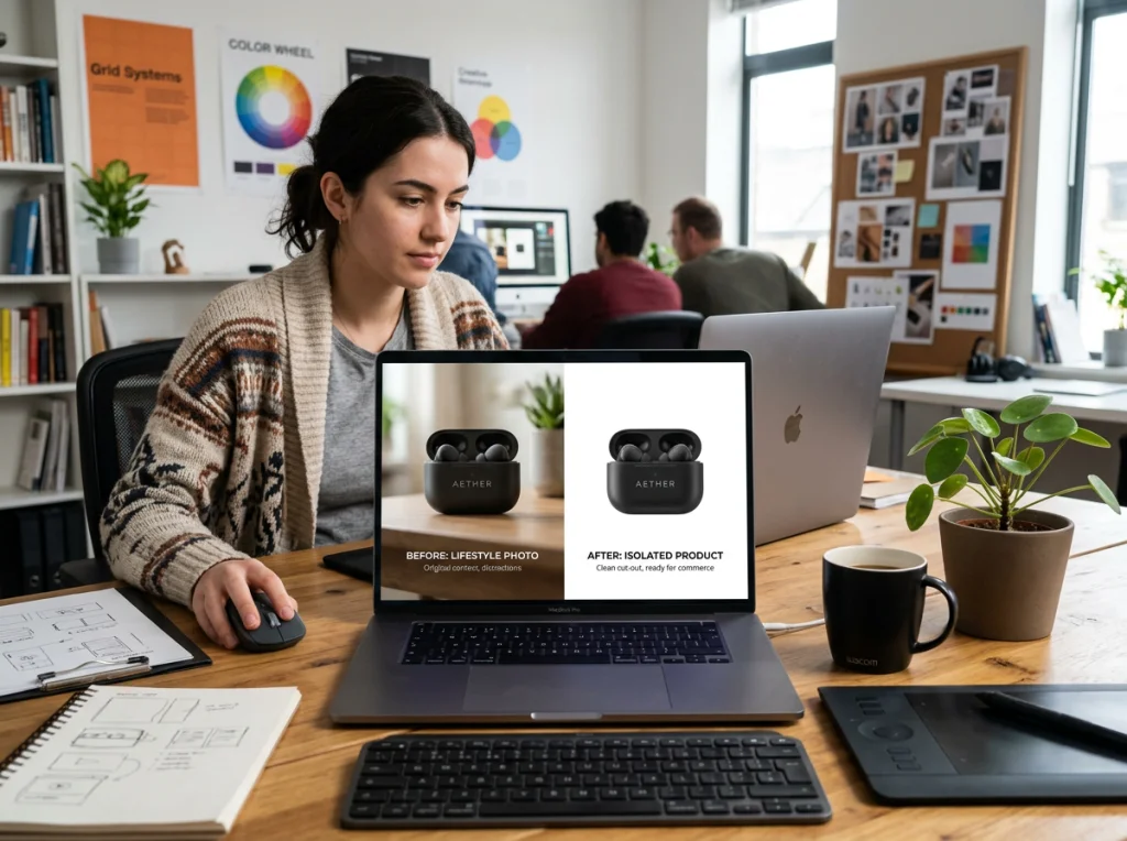 Before and after comparison showing a product photo with and without background, split-screen layout on a designer