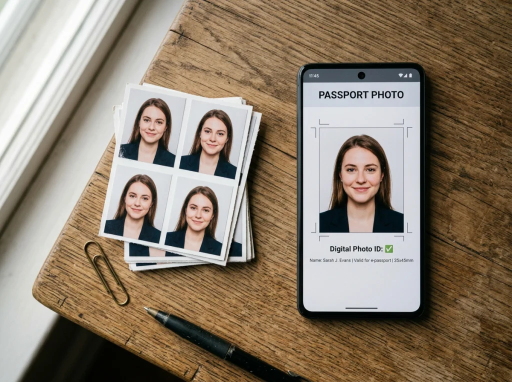 Stack of traditional passport photos next to a modern smartphone displaying digital passport photo, placed on wooden desk with soft shadows, natural window light from the left side, flat-lay composition, editorial photography, modern vs traditional concept