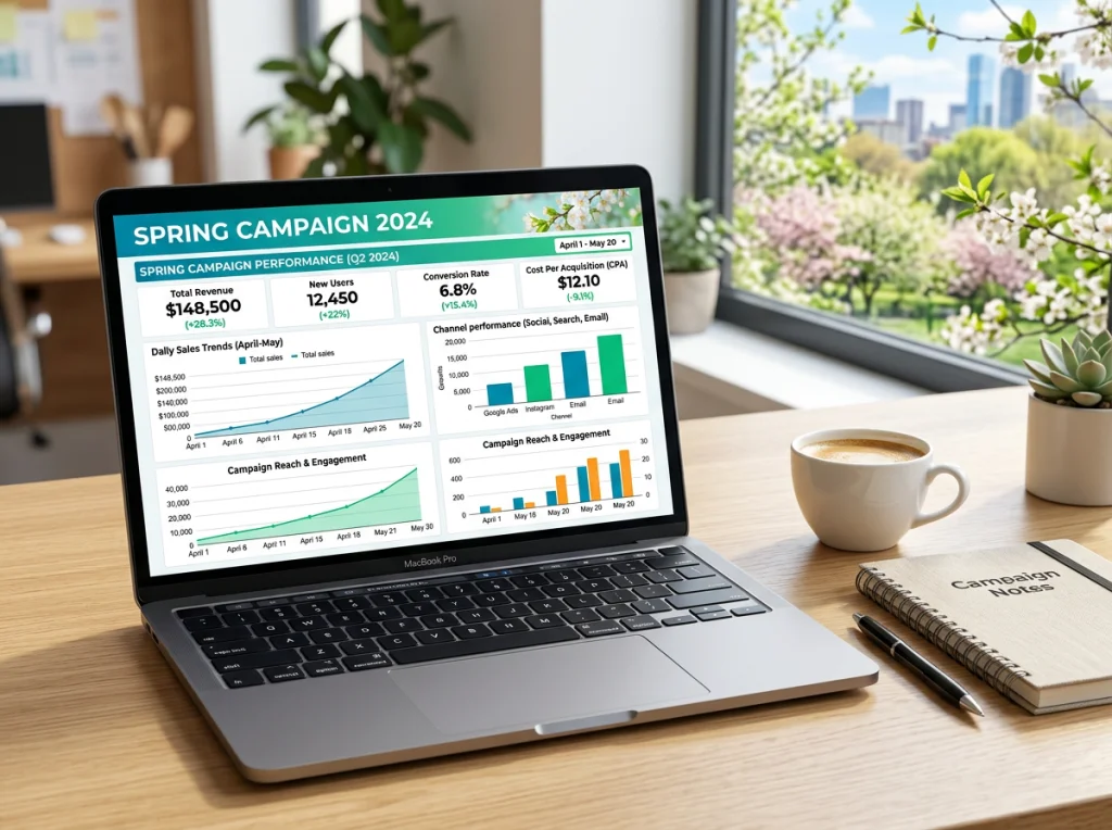 Marketing analytics dashboard on laptop screen showing spring campaign performance metrics with upward trending graphs, coffee cup and notebook nearby, bright office setting with window view of spring trees, soft natural light, overhead flat-lay angle, business photography, clean professional aesthetic
