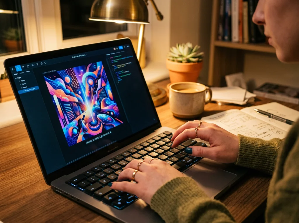 Close-up hands of a creative person in their 20s typing on laptop keyboard with colorful AI-generated artwork displayed on screen, warm desk lamp lighting from above, macro shot with shallow depth of field, lifestyle workspace photography