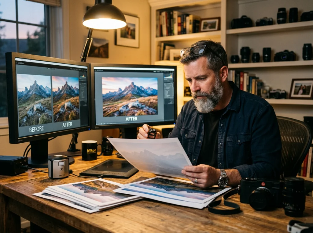 Professional photographer in his 40s with gray beard examining printed photos at a wooden desk with multiple monitors showing before-and-after image comparisons, warm desk lamp lighting from above, medium shot at eye level, lifestyle photography, shallow depth of field