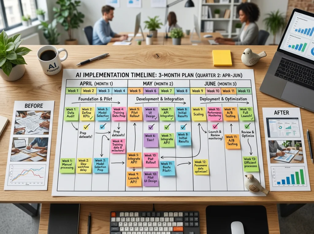 Calendar timeline laid out on a modern desk showing a 3-month AI implementation plan with colorful sticky notes and check marks, surrounded by before-and-after photo samples, bright office lighting from overhead, bird