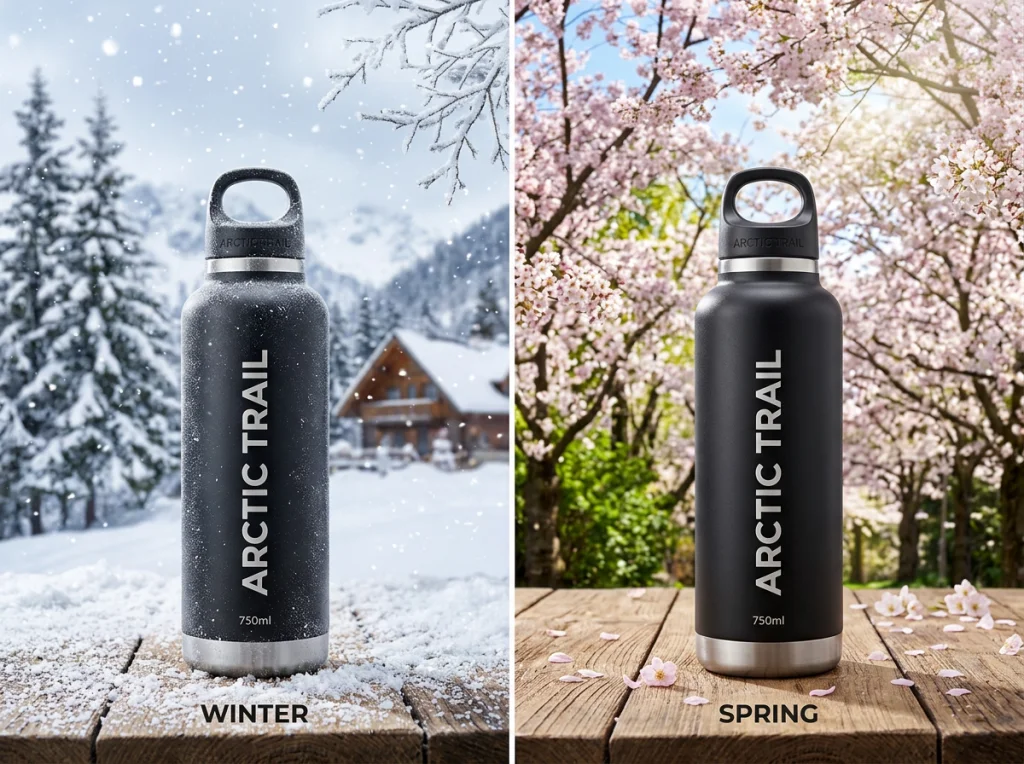 Split-screen comparison showing winter product photo on left with snow background and spring version on right with cherry blossoms, identical products with different seasonal backgrounds, studio lighting, straight-on product shot, commercial photography, crisp details