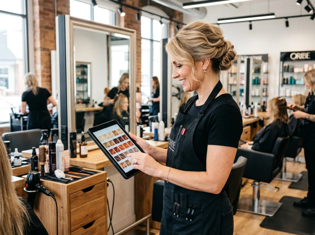 Professional hairstylist woman in her 40s with blonde hair in elegant updo, black apron, holding tablet showing hair color swatches, modern salon with mirrors and styling chairs in background, bright professional lighting, medium shot from side angle, commercial photography