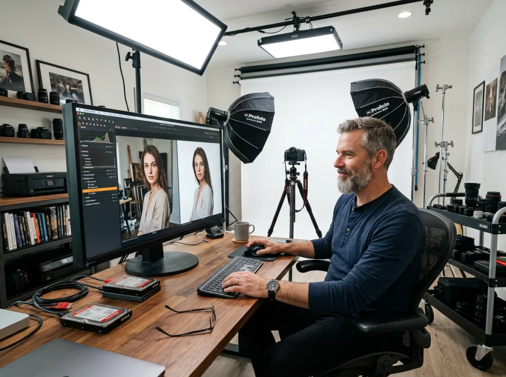 Fotógrafo profesional en sus 40s con barba gris, editando fotos en un monitor grande que muestra el antes y después de eliminar el fondo, sentado en estudio moderno con equipo de cámara visible, iluminación brillante con panel LED desde arriba, toma gran angular mostrando todo el espacio de trabajo, estética de fotografía comercial
