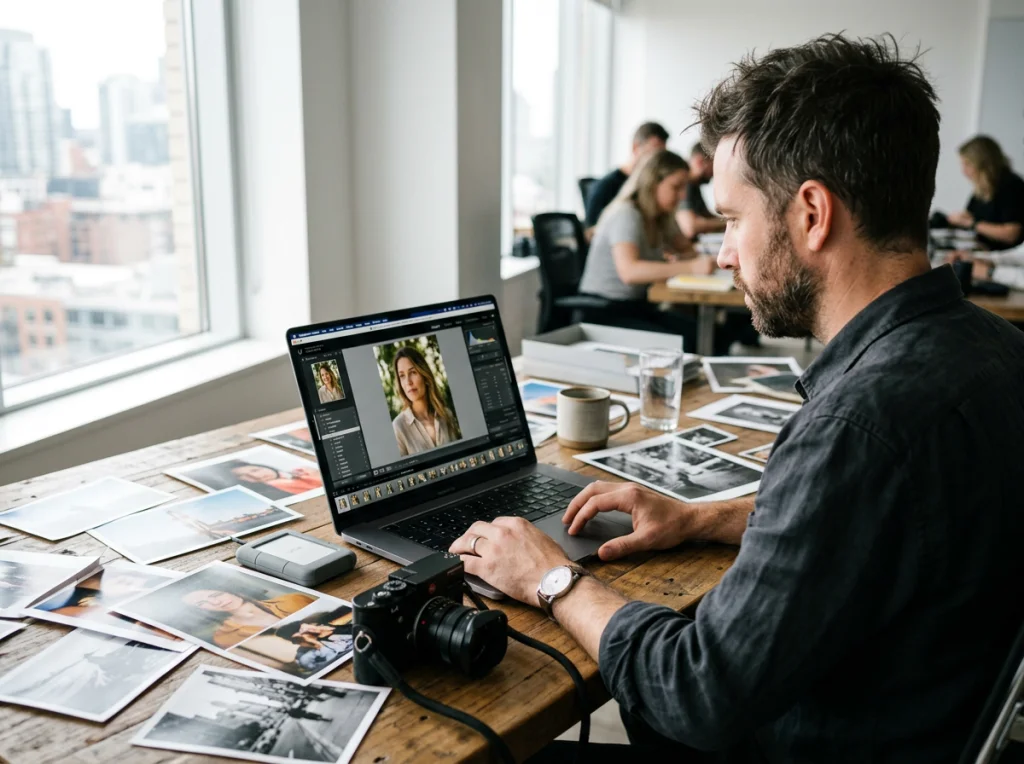 Professional photographer in his 30s with short beard, testing photo editing apps on a MacBook Pro, modern office desk with multiple photo prints scattered around, soft daylight from large windows, over-shoulder medium shot, editorial photography, shallow depth of field