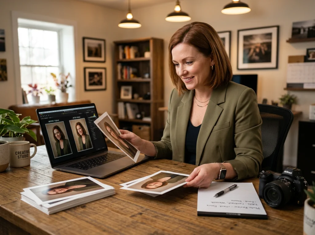 Business owner in her 40s with auburn hair, comparing printed photos at a wooden desk, laptop open showing before/after edits, warm office lighting from overhead fixtures, medium shot from slight angle, commercial photography style