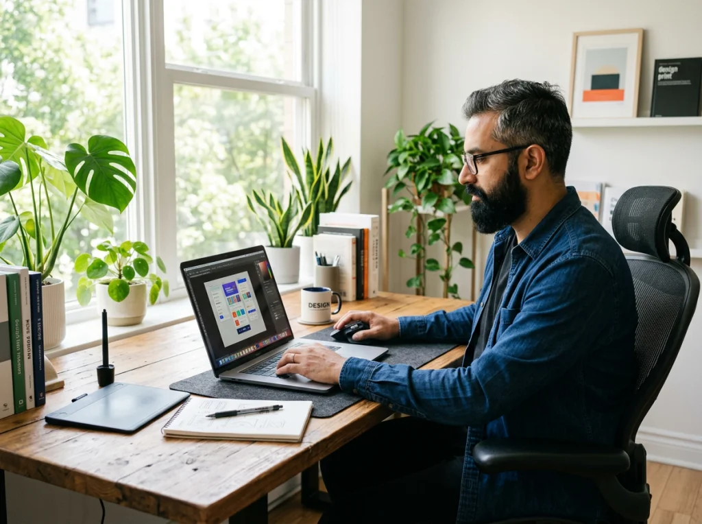 Graphic designer in his 40s with glasses and black beard, working on a laptop showing image editing software, sitting at a wooden desk with plants in background, natural light from large window, side angle medium shot, modern workspace photography, clean and organized