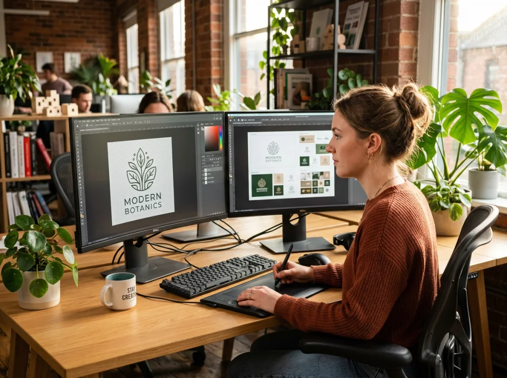 Designer in their 20s working at a dual-monitor setup, editing a transparent PNG file in photo editing software, modern office environment with plants, warm afternoon light through window, medium shot from side angle, workspace photography