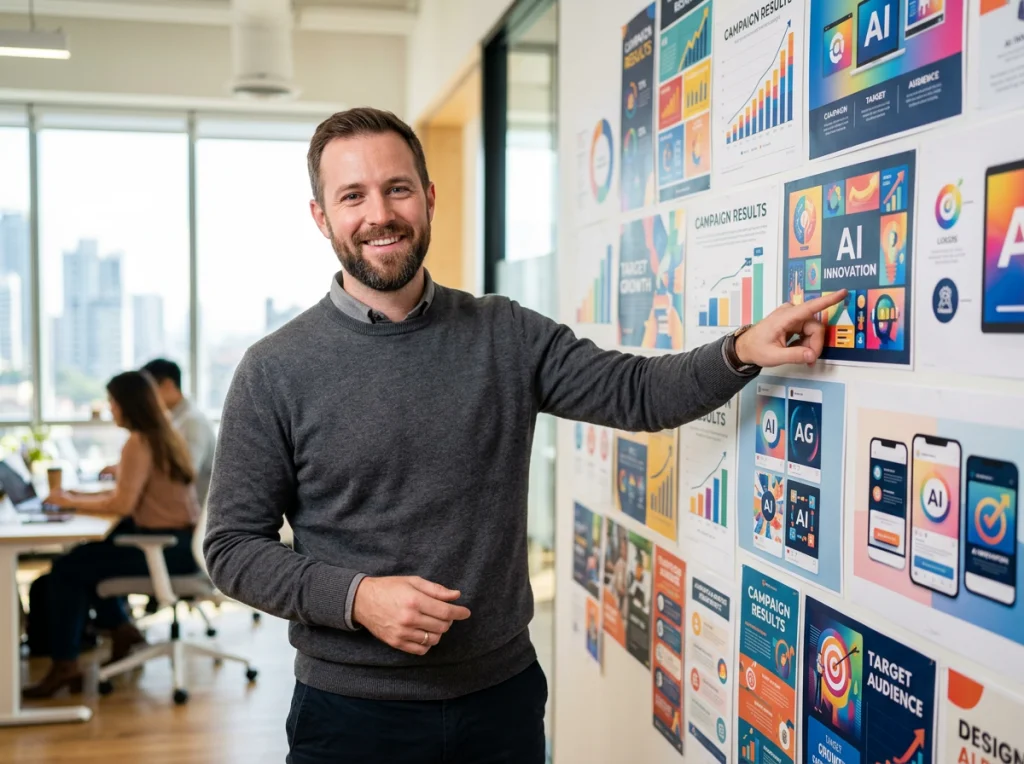 Marketing professional in his 30s with short beard, wearing casual sweater, standing in front of wall displaying various colorful marketing campaign materials and graphics, pointing to different AI-generated designs, bright office lighting from large windows, medium shot at eye level, professional business photography, crisp focus