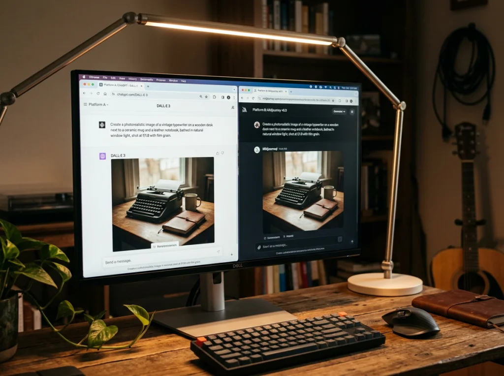 Side-by-side comparison showing identical AI prompts generated by different platforms, displayed on a large 4K monitor, close-up shot at f/2.8 showing crisp details, soft desk lamp lighting from above, tech review photography, shallow depth of field