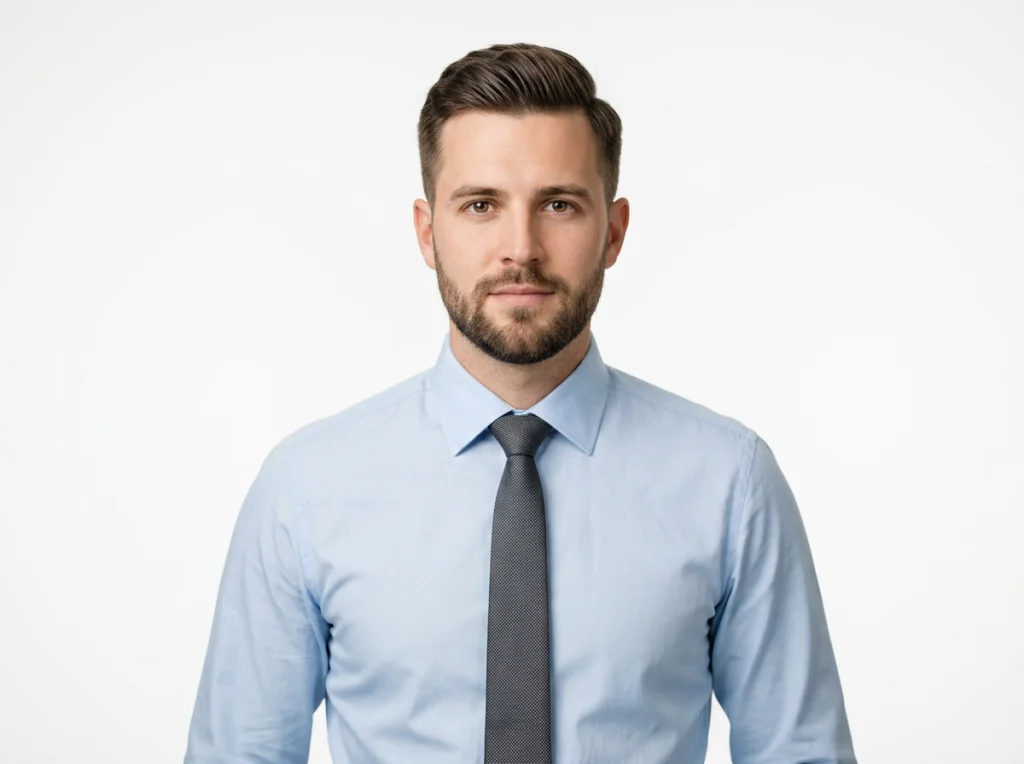 Professional man in his late 20s wearing light blue dress shirt, neutral facial expression, looking directly at camera, white studio background, even lighting from softbox, headshot at eye level, corporate portrait style, sharp focus