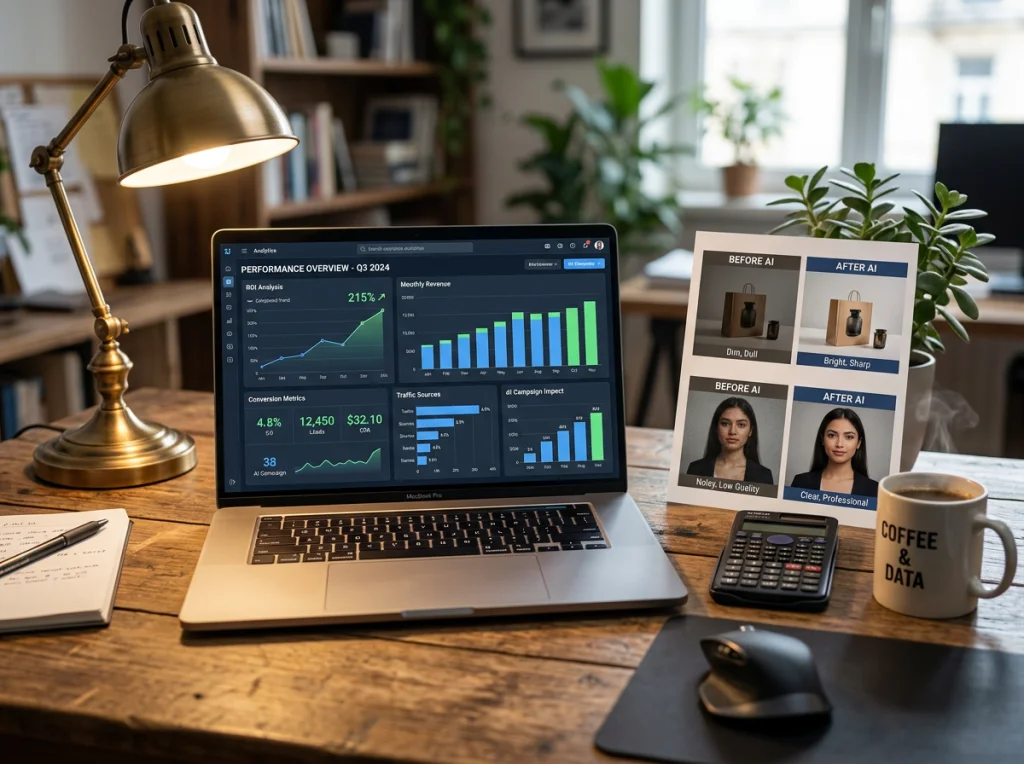 Business analytics dashboard on a laptop screen showing ROI charts and conversion metrics, with printed before-and-after AI photo samples spread across a wooden desk, calculator and coffee cup visible, warm desk lamp lighting from the left, eye-level three-quarter view, professional workspace photography, shallow depth of field focusing on the screen