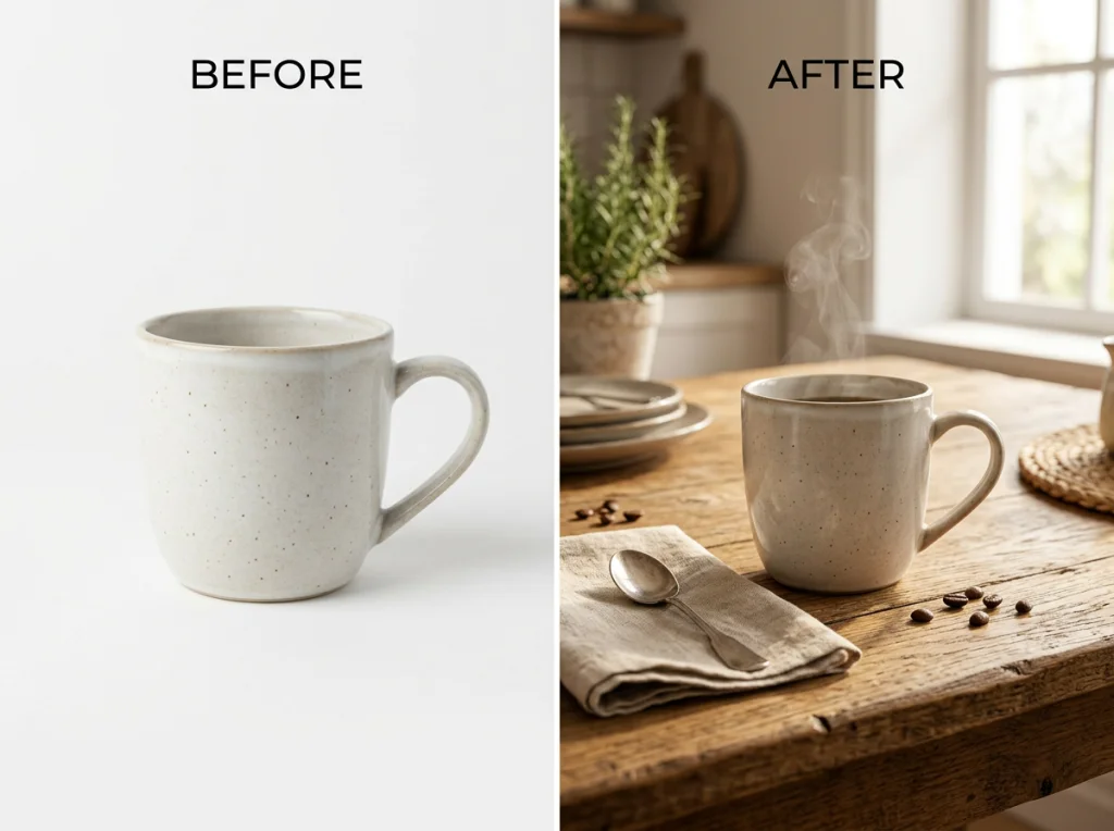 Before and after comparison of product photography showing a ceramic coffee mug, left side on plain white background, right side automatically placed on a rustic wooden kitchen table with warm morning light, steam rising from the mug, medium shot with shallow depth of field, commercial lifestyle photography