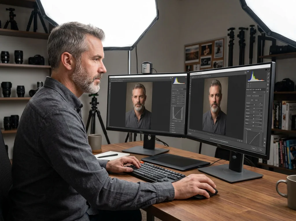 Professional photographer in his 40s with short gray beard working on Adobe Camera Raw interface showing image enhancement controls, dual monitor setup with color-calibrated displays, soft studio lighting from above, side angle medium shot, professional workspace photography