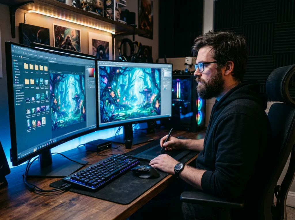 Digital artist in his early 30s with beard and glasses, wearing a black hoodie, sitting at dual monitor setup showing AI-generated images, RGB keyboard and graphics tablet on desk, cool blue screen light illuminating face, side angle medium shot, tech workspace aesthetic