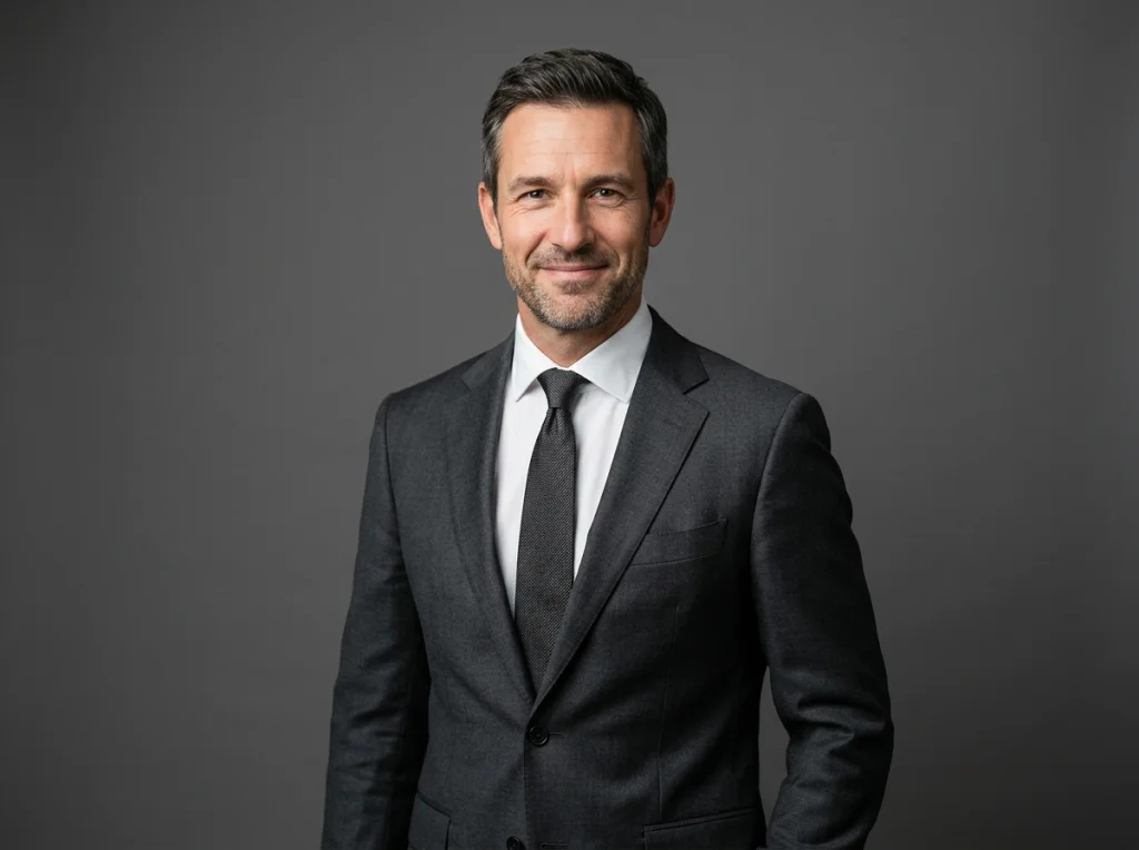 Man in his 40s with short dark hair, charcoal suit and white shirt, subtle smile, neutral gray background, professional lighting from front, medium shot portrait, corporate headshot style, crisp focus