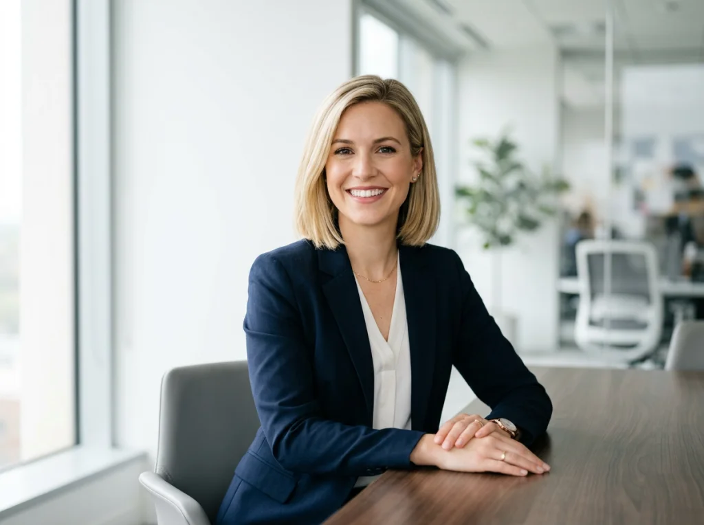 Professional woman in her early 30s with blonde hair in a bob cut, navy blazer, confident smile, sitting in a modern office with white background, soft natural light from window, medium shot at eye level, corporate portrait style, shallow depth of field