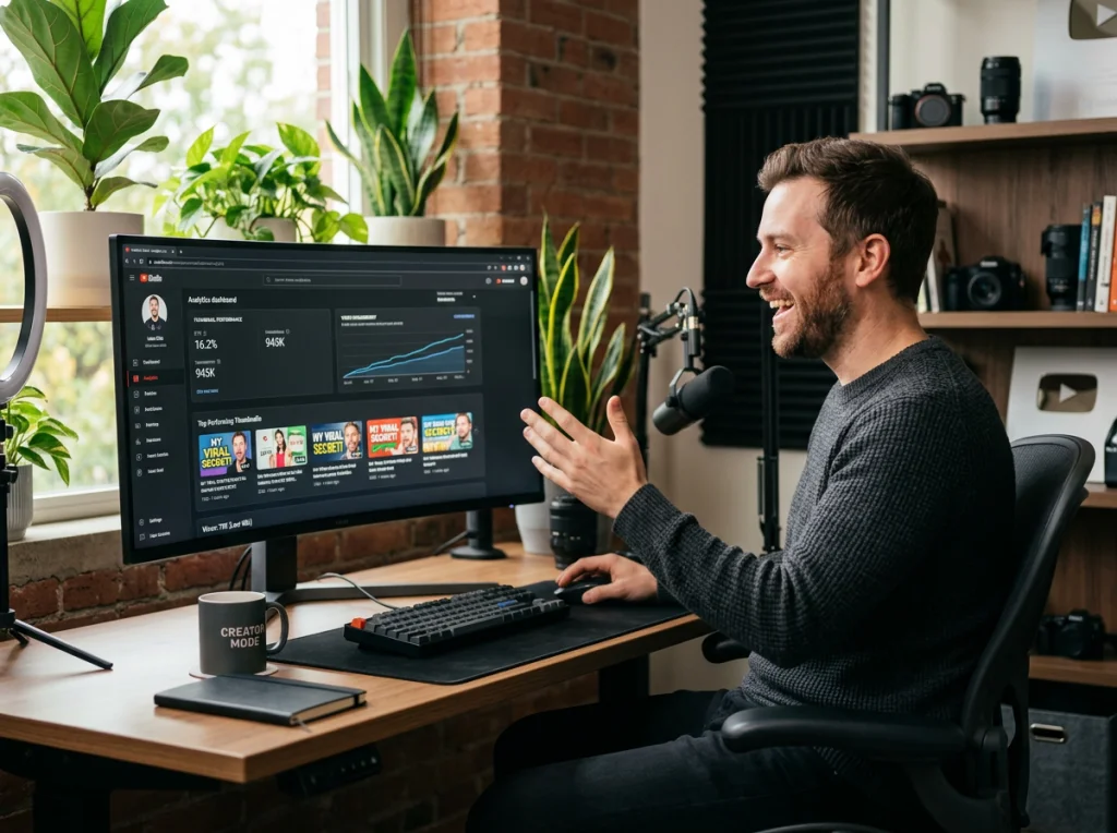YouTuber in his 30s with excited expression reviewing analytics dashboard on large monitor showing thumbnail performance graphs, modern office setup with plants, soft natural window lighting, medium shot from side angle, professional workspace photography