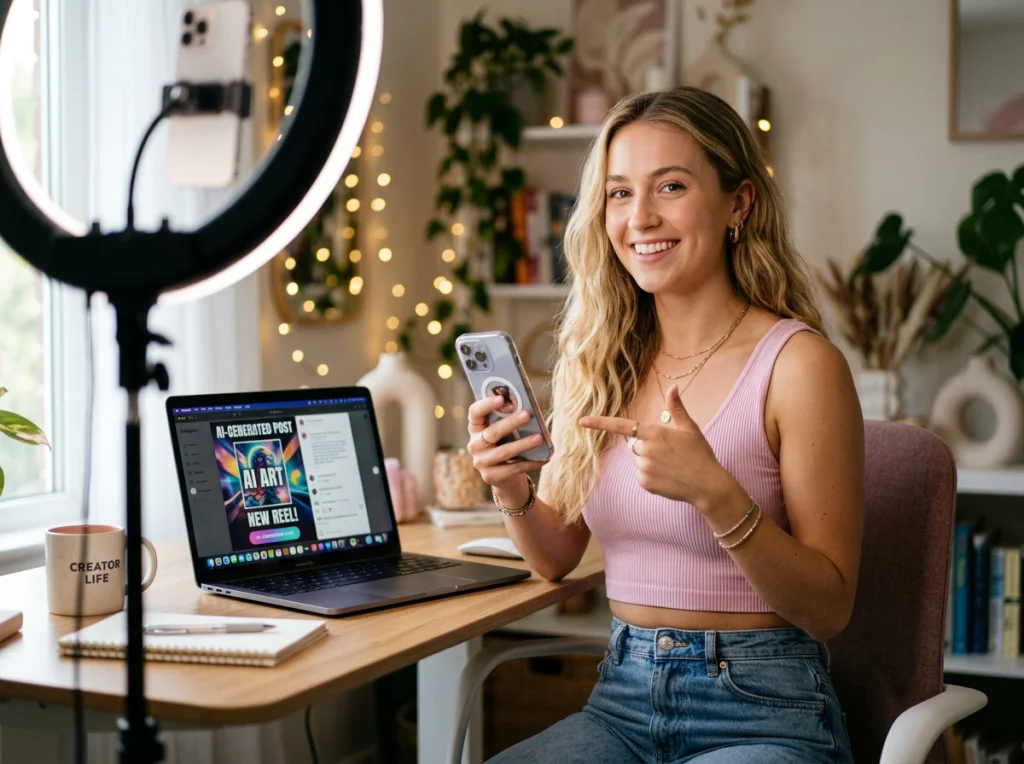 Young female content creator with long blonde hair, wearing pink crop top, holding smartphone and pointing at AI-generated social media post displayed on laptop screen, ring light setup visible in background, three-quarter shot at f/1.8, influencer lifestyle photography, bokeh background