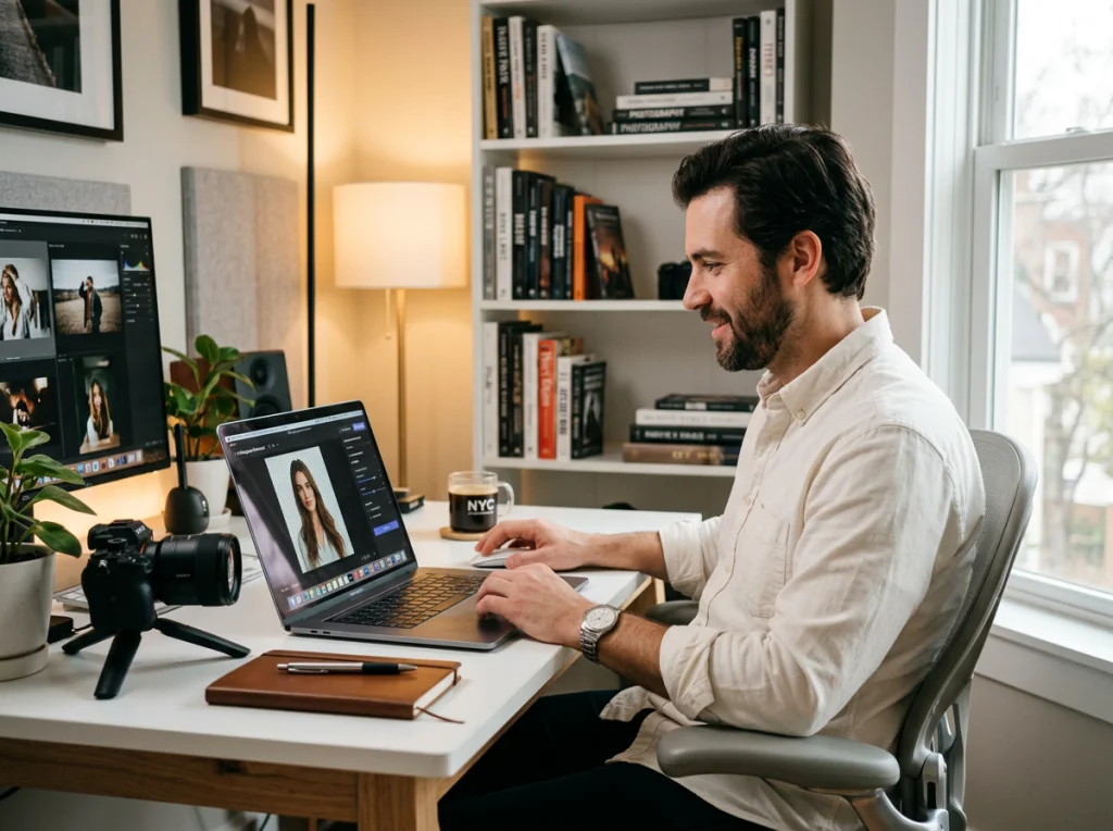 Professional photographer in his 30s with dark hair and casual white shirt, testing AI background removal tools on his laptop in a modern home office with white desk, soft window light from the right, three-quarter angle medium shot, lifestyle photography, shallow depth of field