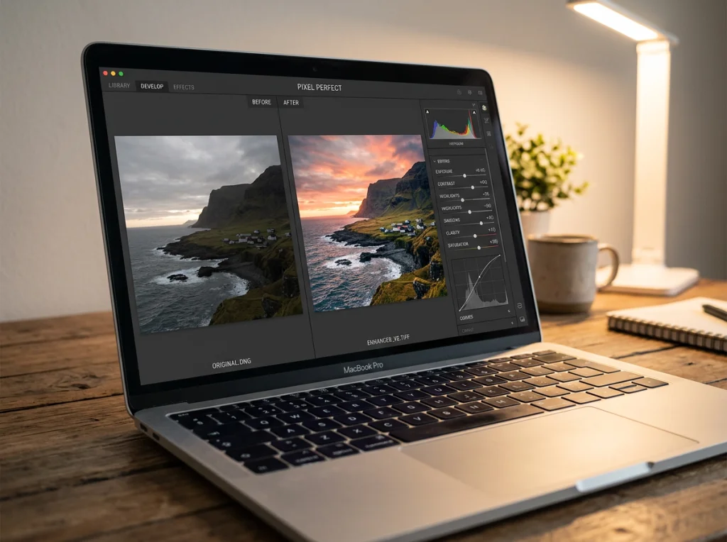 Close-up of laptop screen showing photo enhancement software interface with before and after panels, soft desk lamp lighting from right side, three-quarter view angle, tech product photography, crisp detail