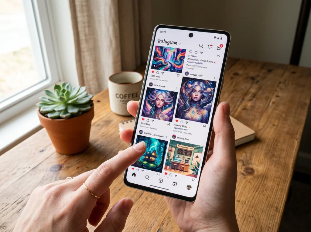 Smartphone displaying Instagram feed with various AI-generated posts, finger scrolling through colorful social media content, wooden desk background with succulent plants, natural window light from the side, close-up angle focusing on screen, modern lifestyle photography