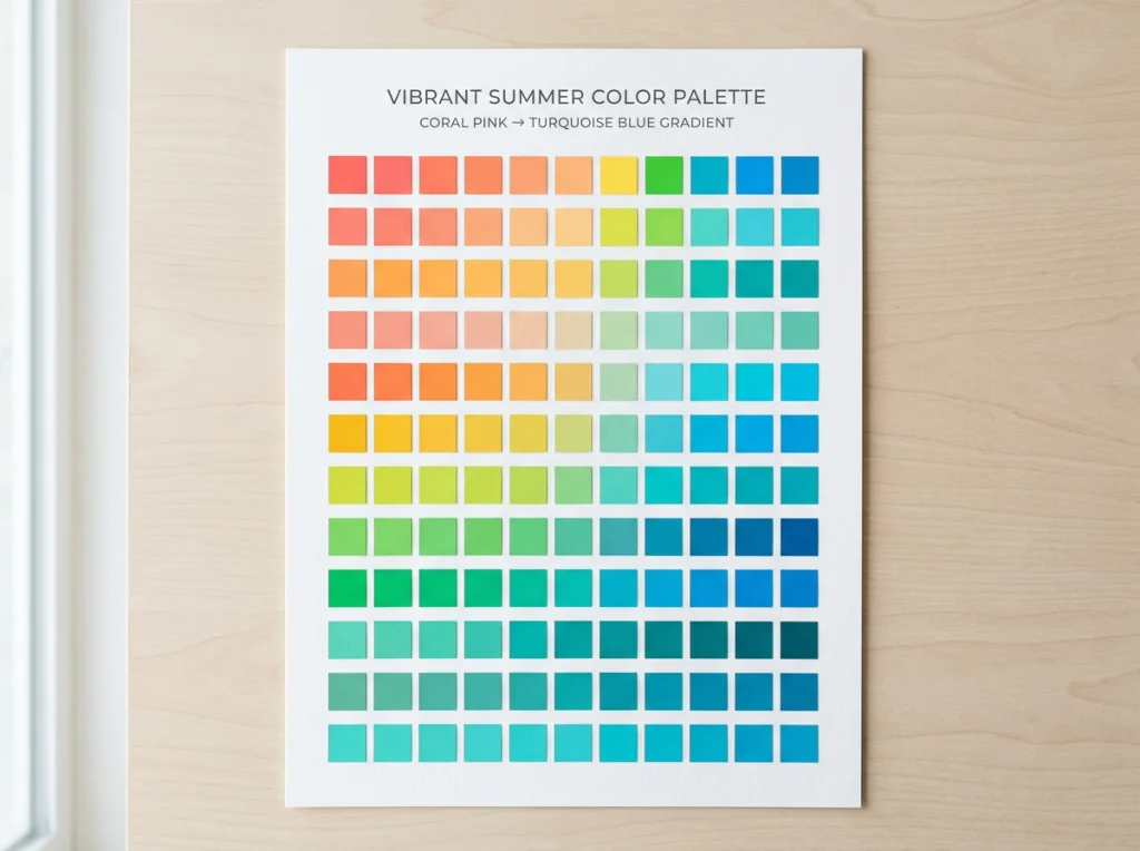 Gráfico de paleta de colores mostrando colores vibrantes de verano, organizados en filas degradadas de coral rosa a turquesa azul, sobre fondo blanco limpio, iluminación suave y uniforme, fotografía flat lay, estética de diseño minimalista