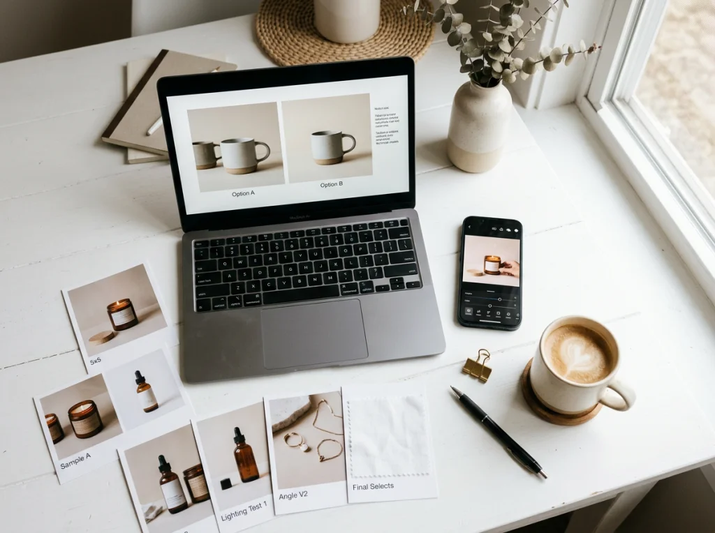 Clean white desk setup showing laptop screen displaying product photography comparisons, smartphone with editing app open, coffee cup, and sample product photos scattered around, soft window light from the right, overhead flat-lay shot, lifestyle photography, shallow depth of field