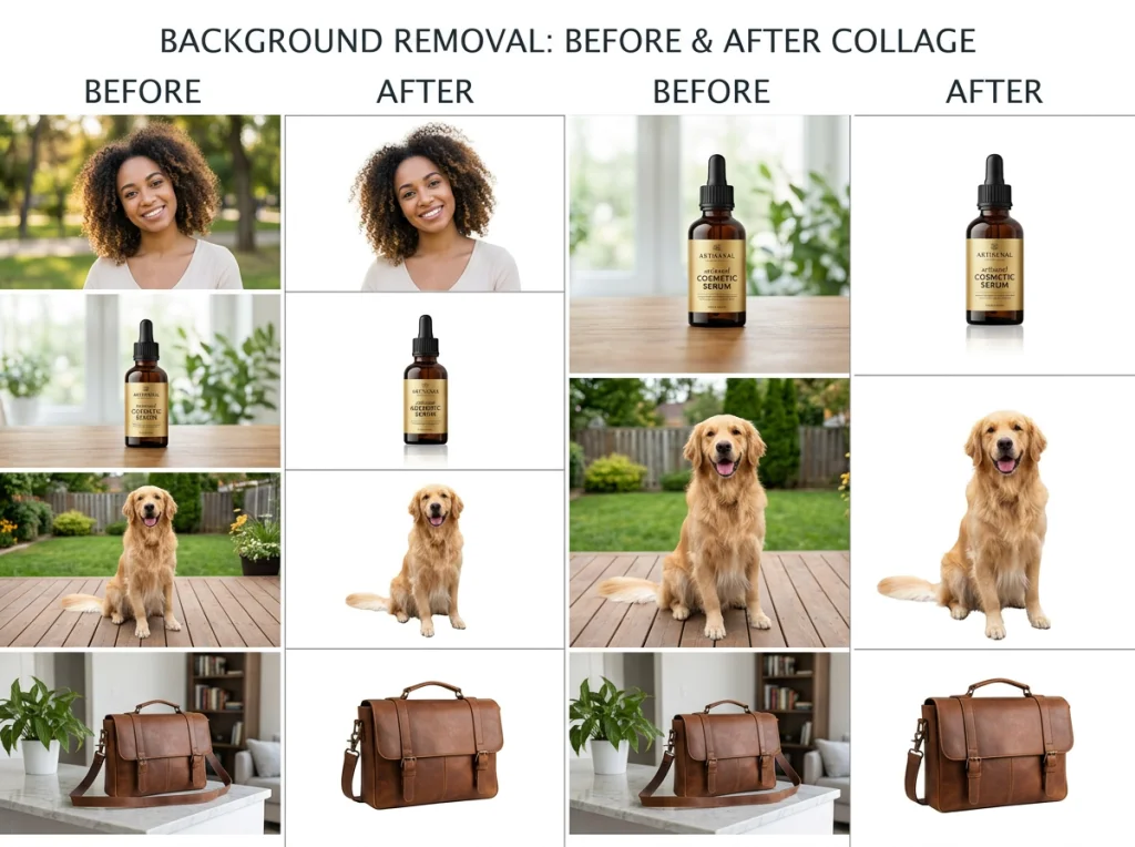 Before and after collage showing four different images - portrait, product, pet, and object - all with successfully removed backgrounds, arranged in a grid layout, clean white studio background, professional comparison photography style