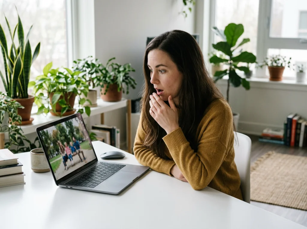Woman in her 30s with long dark hair examining pixelated photo on laptop screen, surprised expression, sitting at modern white desk with plants in background, soft natural light from large window, eye-level medium shot, lifestyle photography