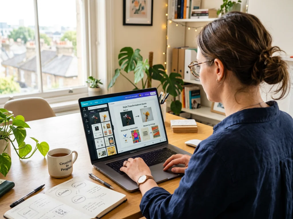 Designer in her 30s with glasses working on laptop showing Canva interface, multiple style transformation examples on screen, natural office lighting from window, over-shoulder view, lifestyle workspace photography