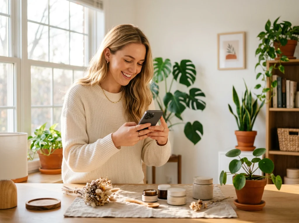 Young woman in her 20s with long blonde hair, wearing a white sweater, holding smartphone and smiling while taking product photos in a bright home office with plants and white walls, golden hour lighting through large windows, medium shot at eye level, lifestyle commercial photography, natural depth of field