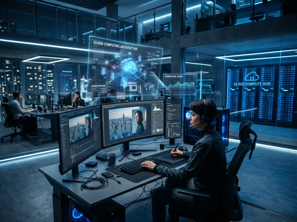 Futuristic workspace with multiple screens showing AI photo editing interfaces, holographic displays, and cloud computing graphics, high-tech office environment, blue LED lighting, wide angle view, sci-fi cinematography style