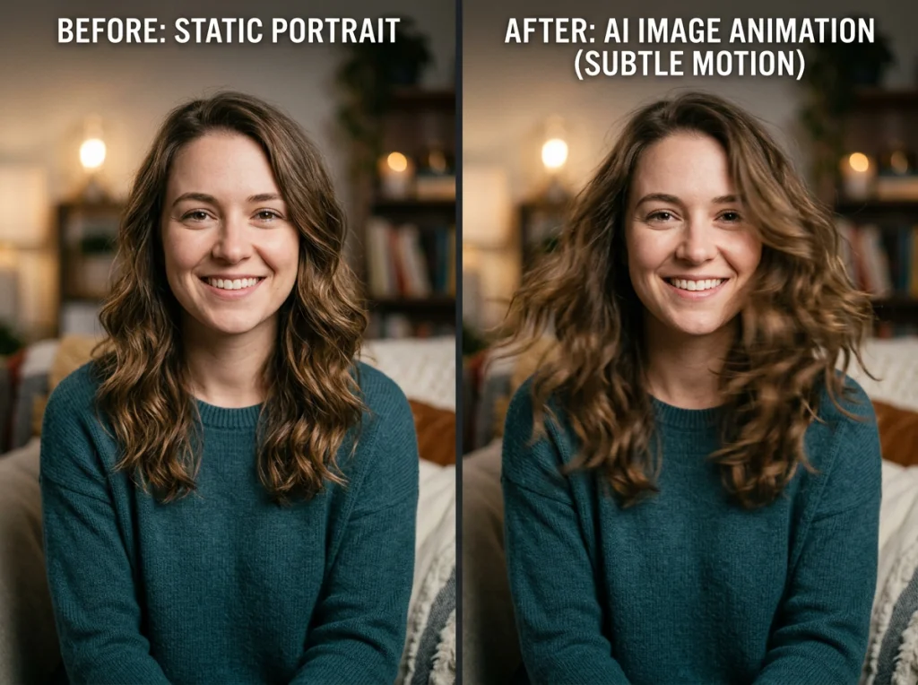 Split screen showing before and after of AI image animation, left side static portrait of person in casual clothing, right side same image with subtle motion blur around hair, soft studio lighting, medium close-up shot, comparison photography style
