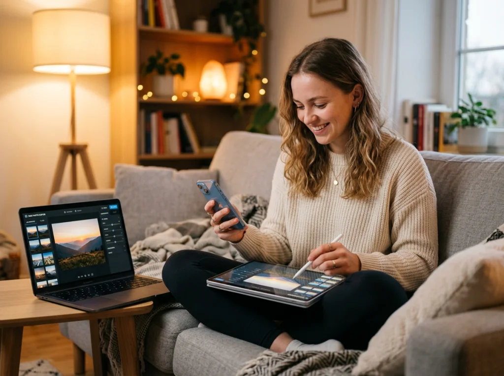 Young woman in casual clothes editing photos simultaneously on smartphone, tablet, and laptop showing same web-based photo editor interface, sitting on comfortable couch in living room, warm ambient lighting, lifestyle photography with shallow depth of field