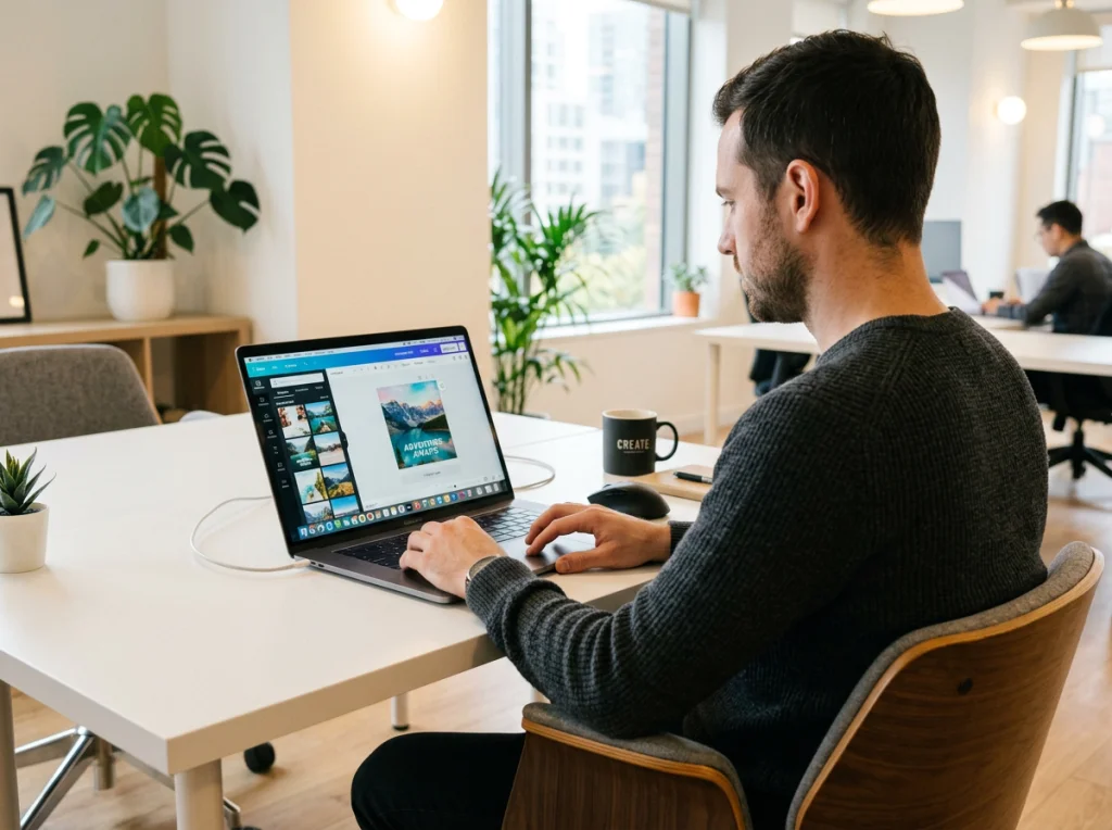 Graphic designer in his 30s editing photos on a laptop screen showing Canva interface, sitting at a minimalist white desk, bright office lighting from above, over-the-shoulder view, lifestyle photography