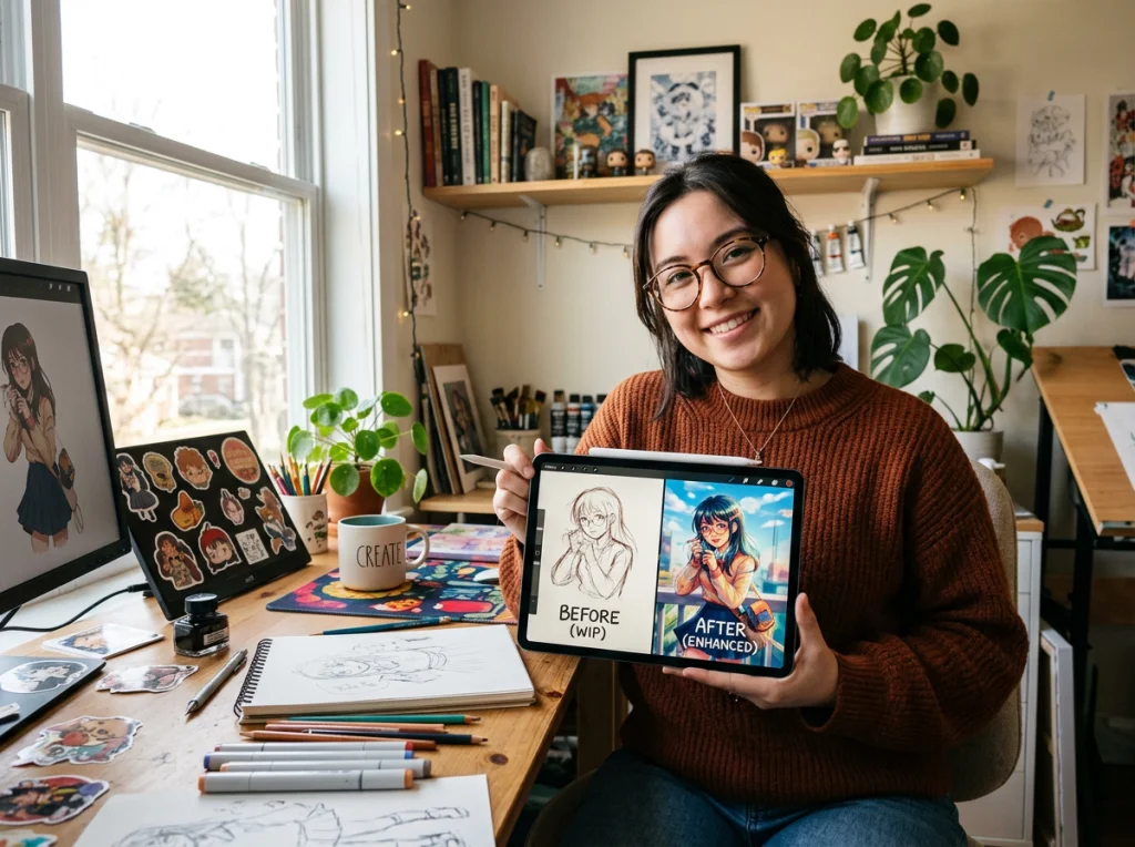 Young digital artist with glasses holding tablet showing anime illustration before and after enhancement, sitting in bright creative studio with art supplies scattered on desk, warm daylight from window, medium shot at eye level, creative lifestyle photography