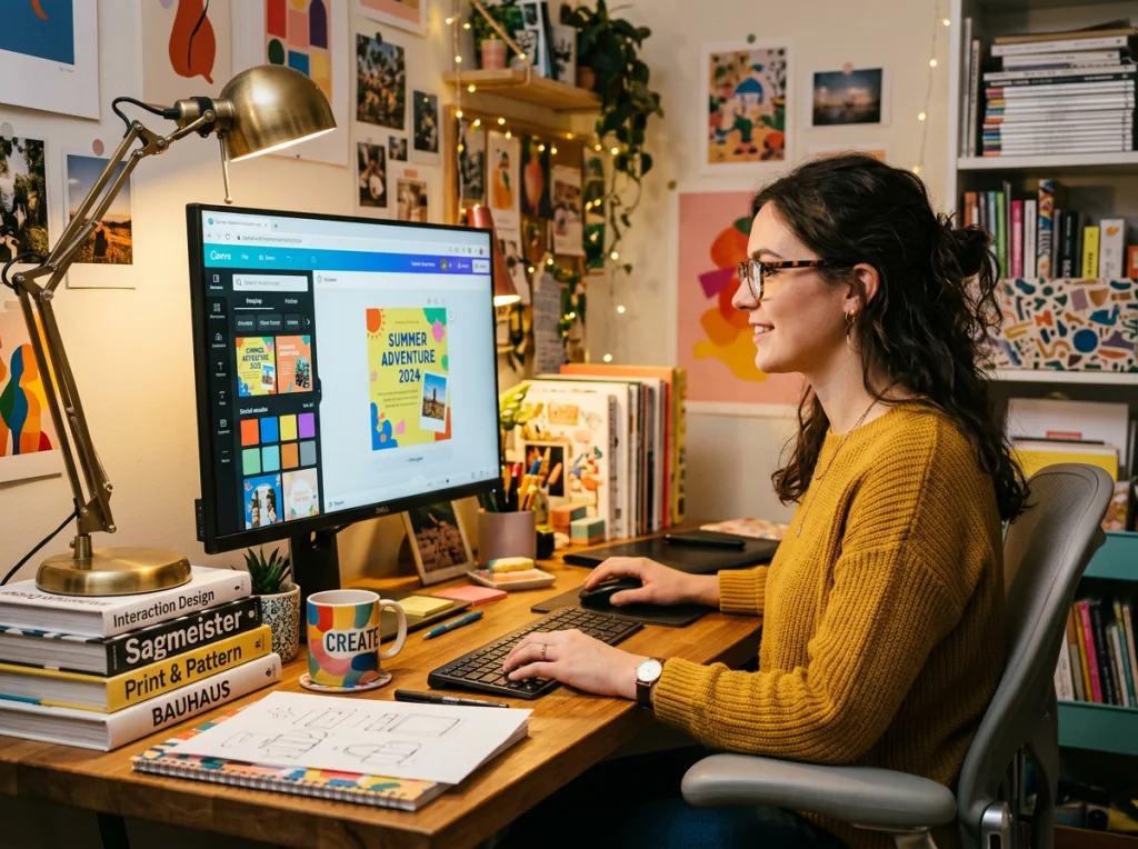 Designer woman in her 20s with glasses, working on Canva interface on desktop monitor, colorful creative workspace with design books, warm lamp lighting from desk lamp, side angle medium shot, lifestyle photography, vibrant colors