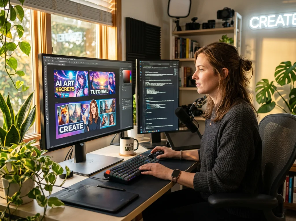 Content creator in their 30s with focused expression, editing thumbnails on a large monitor displaying colorful AI-generated images, modern home office with plants and equipment, golden hour light streaming through window, three-quarter view medium shot, professional lifestyle photography, shallow depth of field