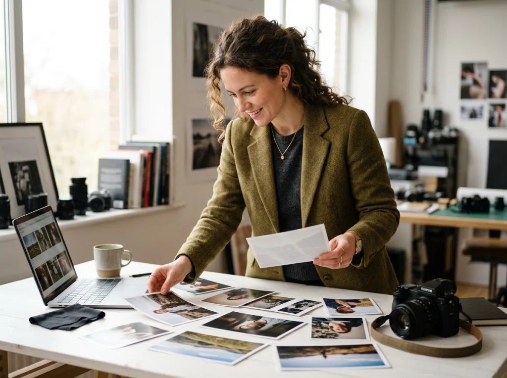 Professional photographer in her 30s with curly brown hair wearing a textured blazer, examining printed photos on a white desk, soft natural light from large window, eye-level medium shot, editorial portrait, shallow depth of field