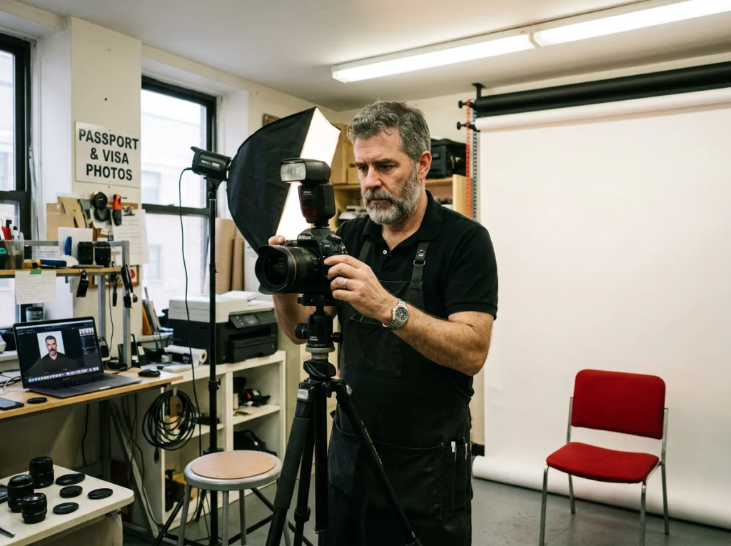 Professional photographer in his 40s with grey beard, wearing black polo shirt, setting up passport photo equipment with camera and white background in his studio, overhead fluorescent lighting, eye-level medium shot, documentary photography style