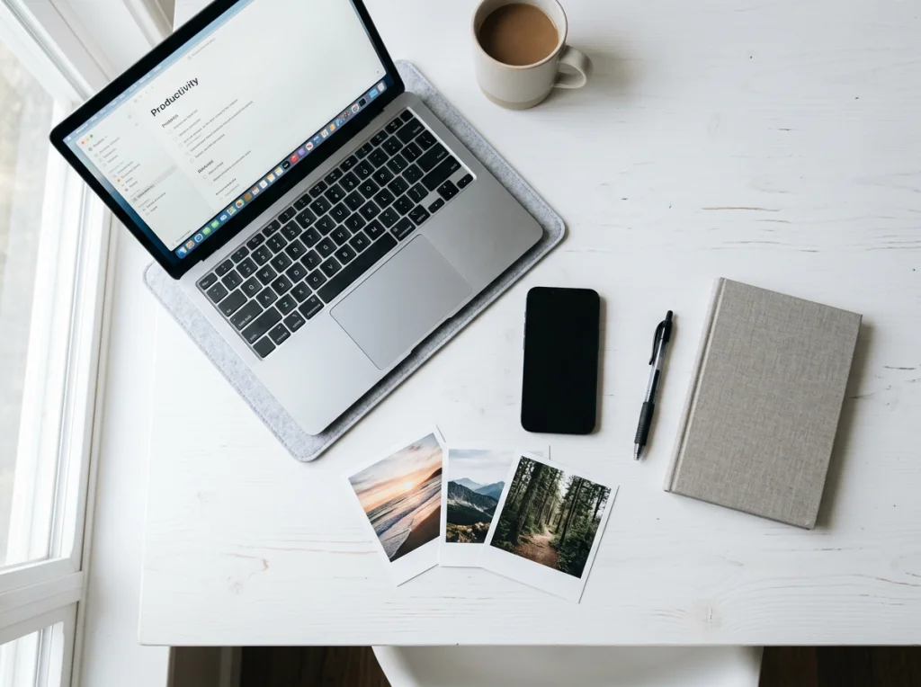 Clean workspace showing smartphone, laptop, and printed photos spread on white desk, soft natural window light from left, overhead flat-lay view, minimalist product photography style, sharp focus