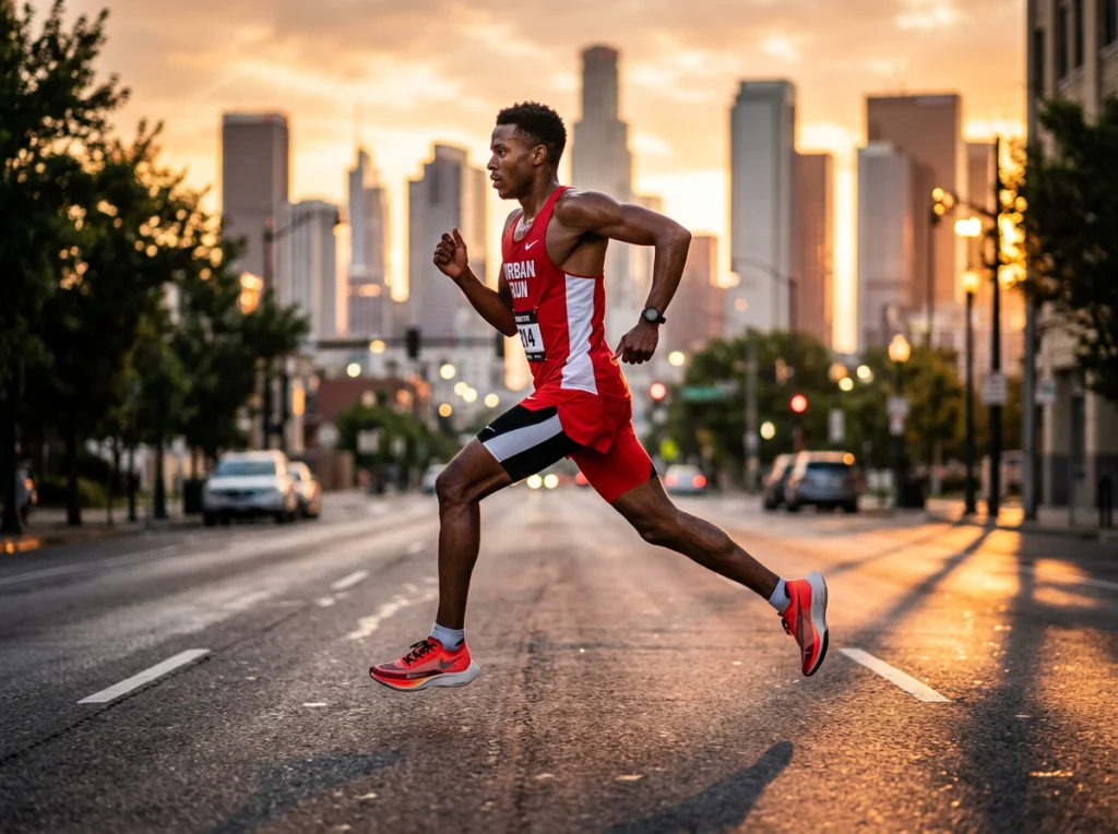 Young athlete in his 20s with dark skin, wearing red running gear, mid-stride on urban street at sunrise, city skyline blurred in background, dramatic side lighting with long shadows, dynamic action shot from low angle, sports photography with motion blur on legs