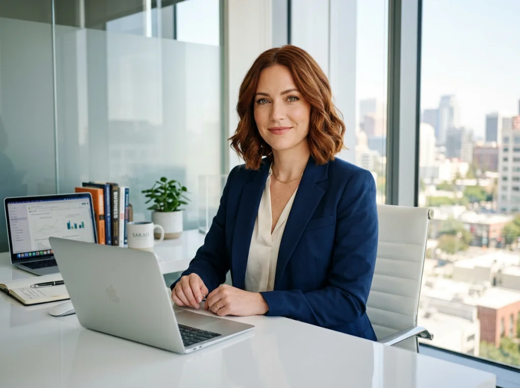 Mujer de negocios en sus 30s con cabello castaño rojizo con blazer profesional azul marino, ligera sonrisa confiada, sentada en escritorio blanco moderno con laptop abierta, luz suave natural de ventana desde la derecha, toma media a nivel de los ojos, retrato editorial, enfoque nítido en el rostro